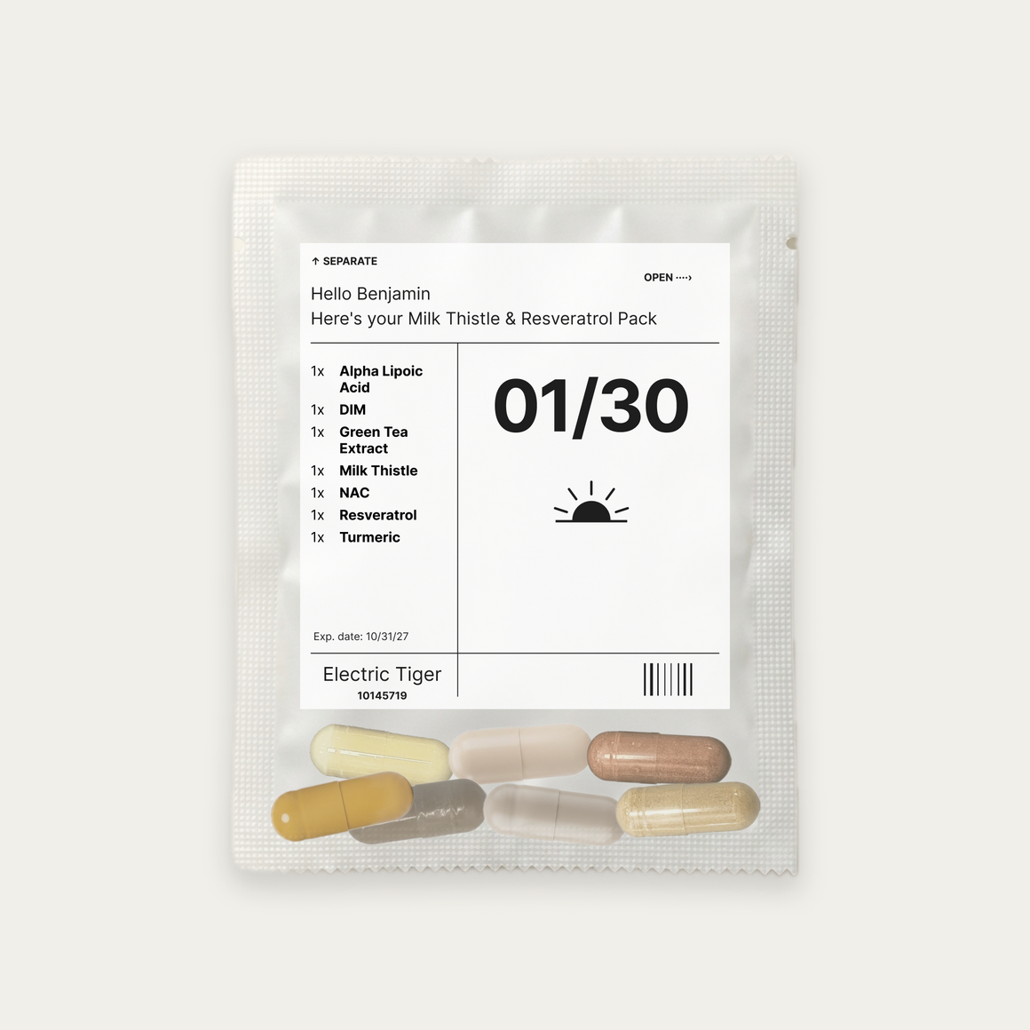 Milk Thistle & Resveratrol Pack: the daily pouch, printed with a first name, the day and each of the 7 supplements inside
