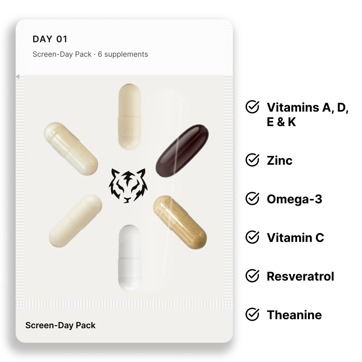 Screen-Day Pack: one daily pouch and the 6 supplements inside it