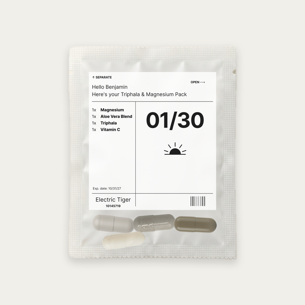 Triphala & Magnesium Pack: the daily pouch, printed with a first name, the day and each of the 4 supplements inside