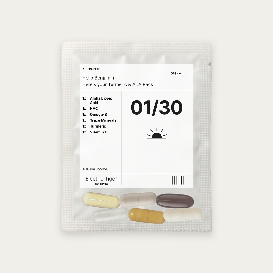Turmeric & ALA Pack: the daily pouch, printed with a first name, the day and each of the 6 supplements inside