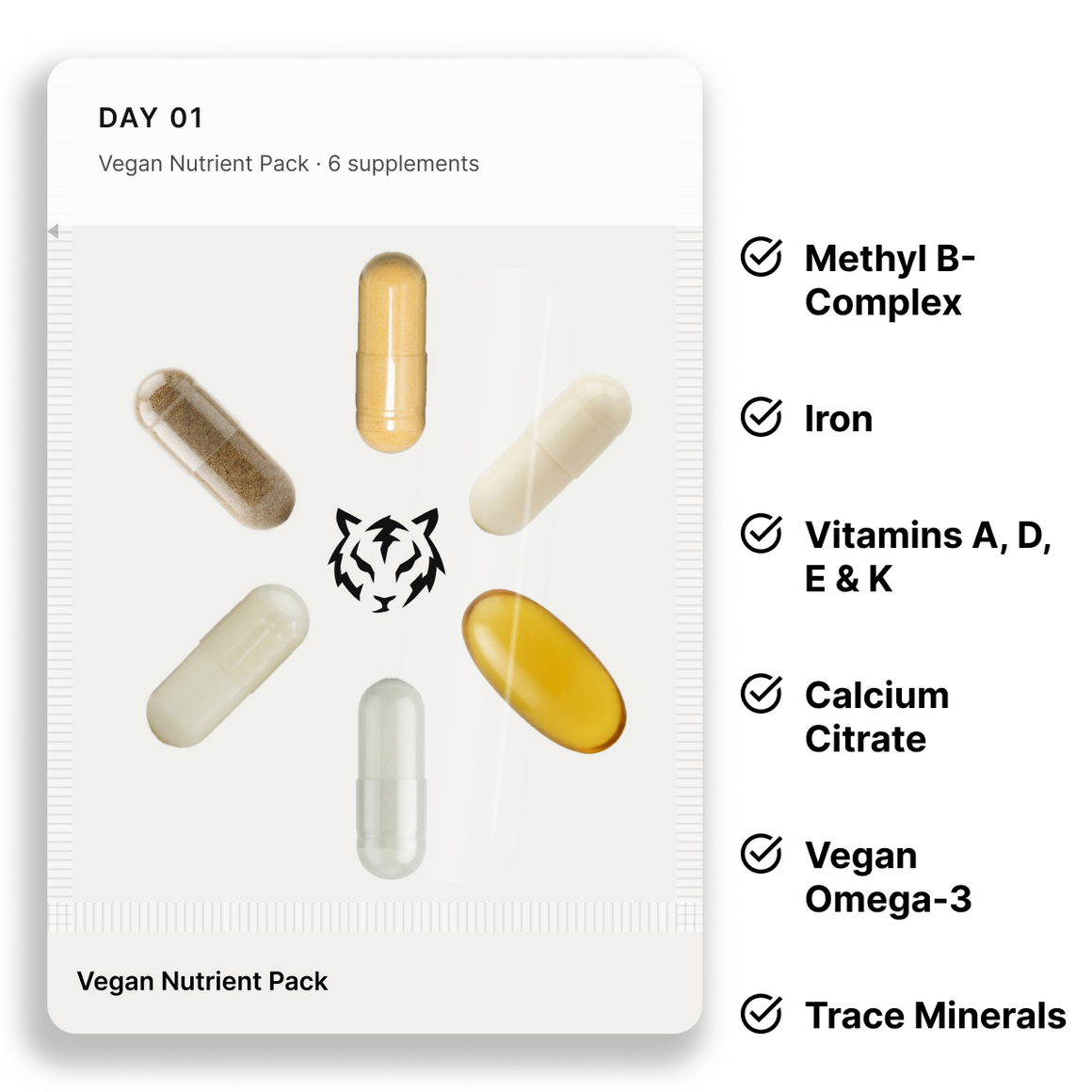 Vegan Nutrient Pack: one daily pouch and the 6 supplements inside it
