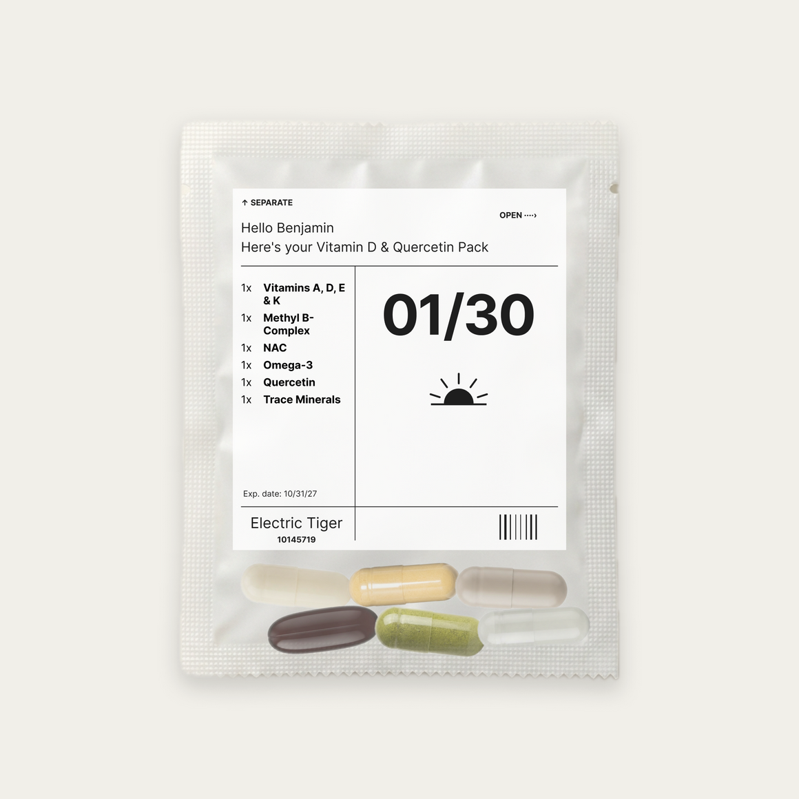 Vitamin D & Quercetin Pack: the daily pouch, printed with a first name, the day and each of the 6 supplements inside